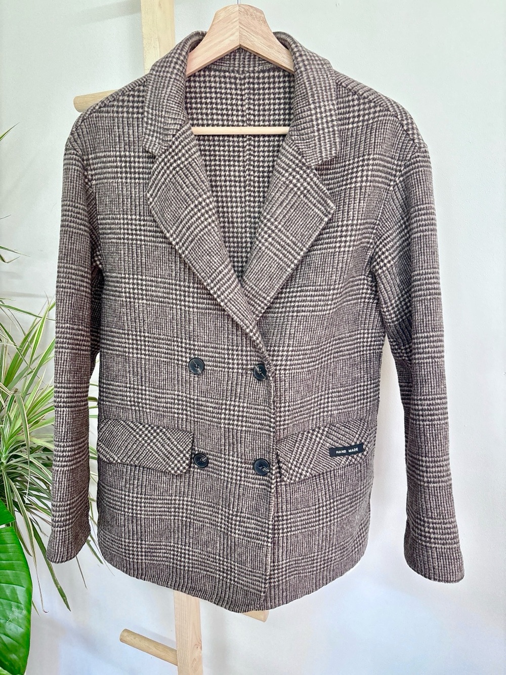Houndstooth Double-Breasted Wool Blazer Jacket - Brown